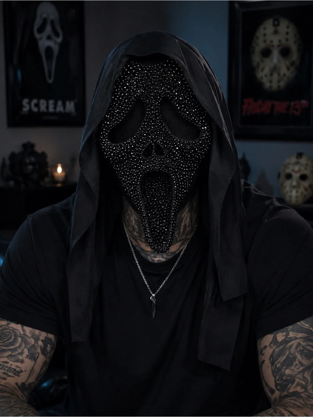 Siam Red & Jet Black Crystal Diamond Sparkly Ghost Face Scream Horror Mask New